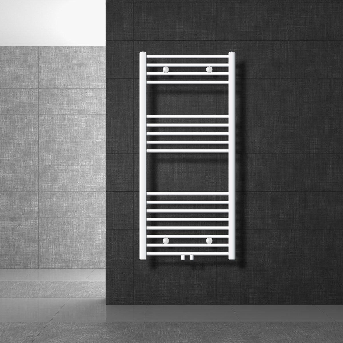 Small white towel radiator on a dark wall.