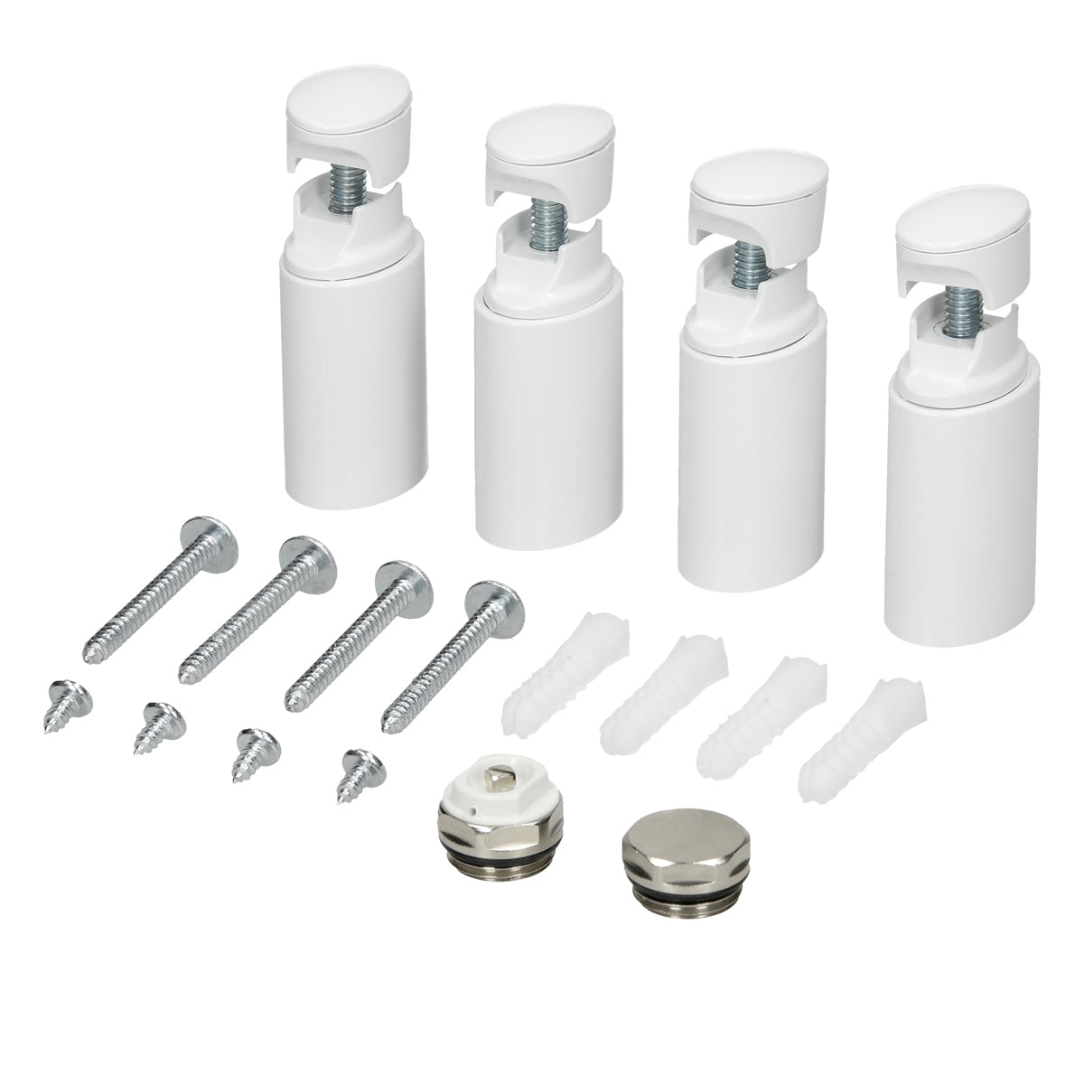 Montageset in Weiß mit verschiedenen Schrauben und Halterungen.