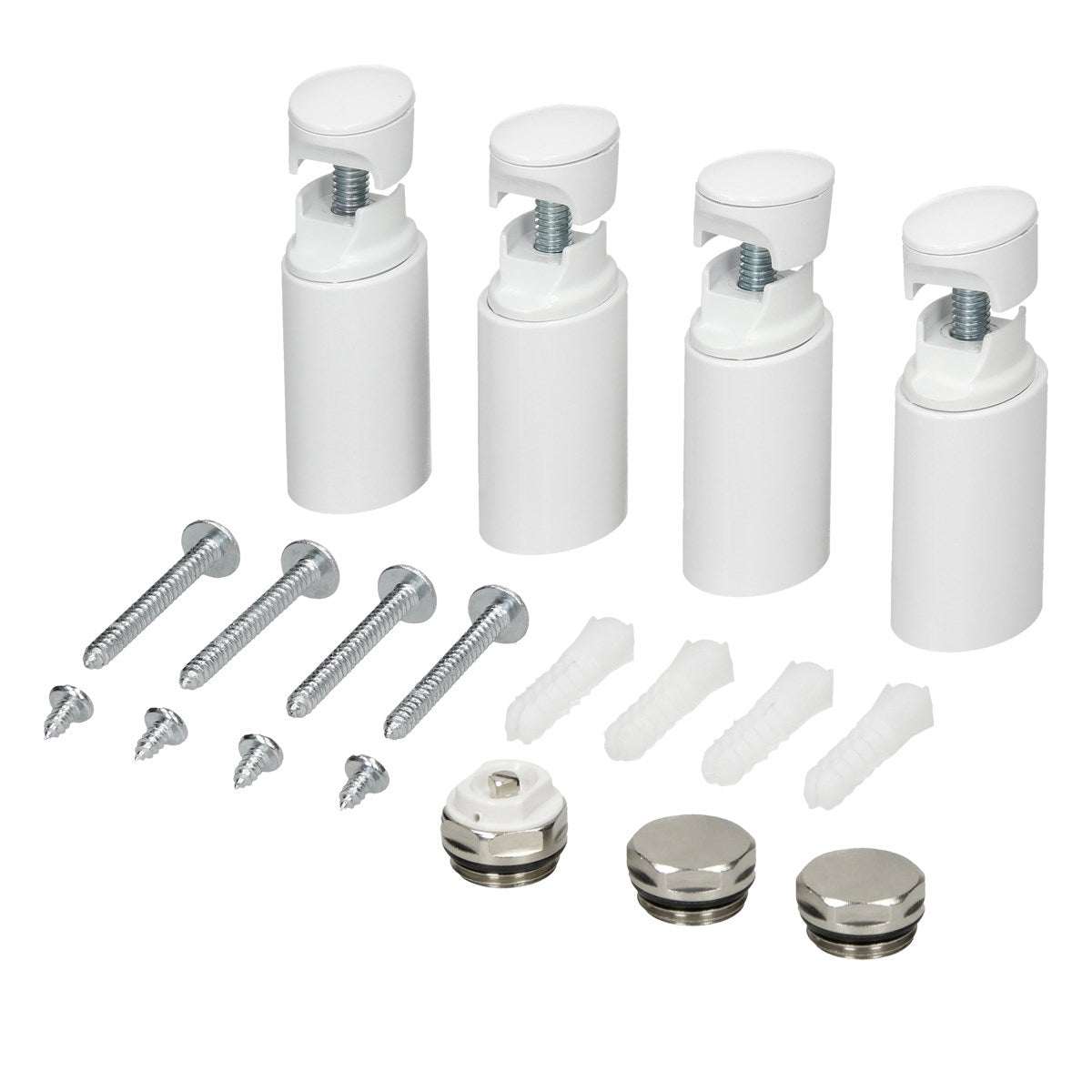 Mounting set with white brackets, screws, and dowels.