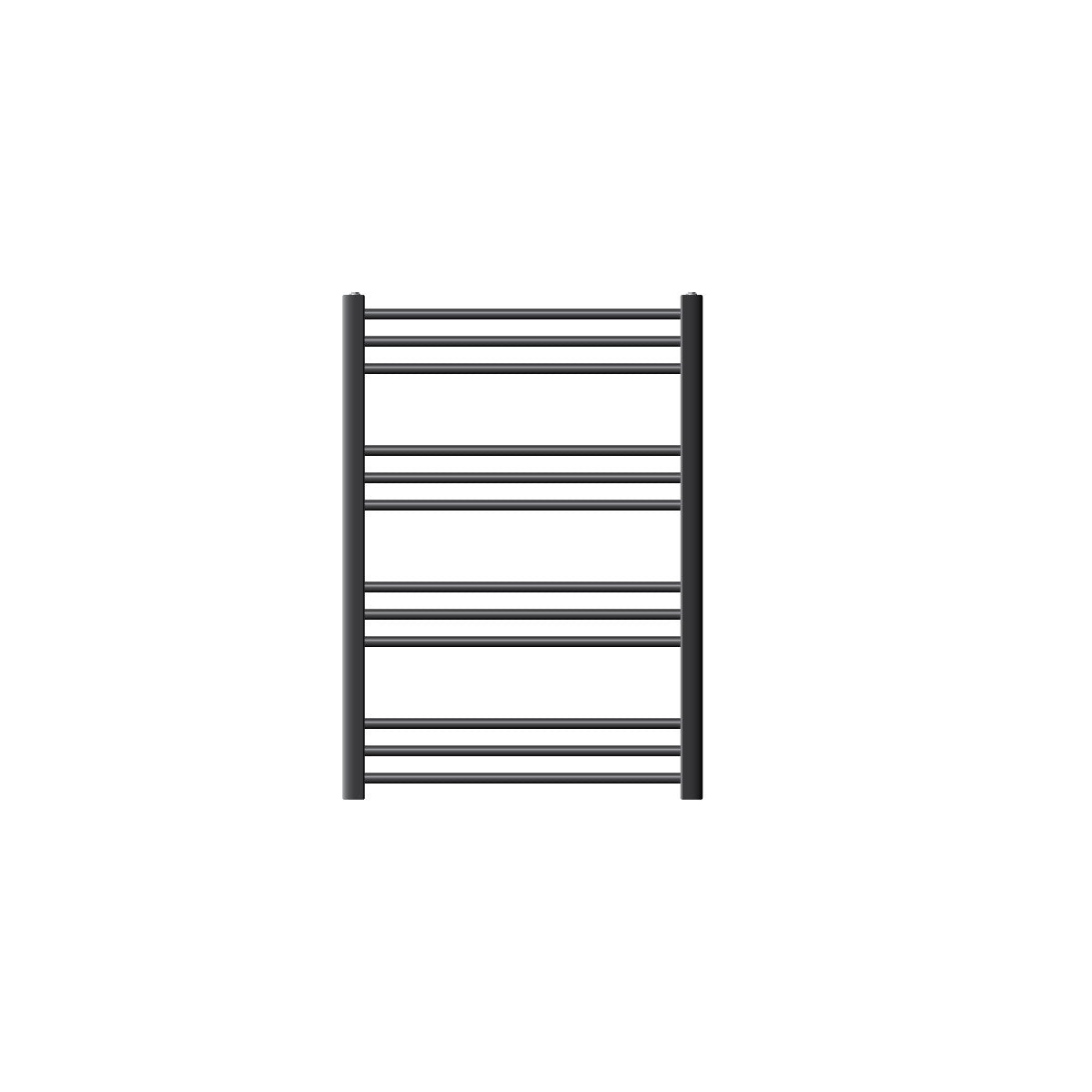 Compacte, antracietkleurige handdoekradiator met enkele horizontale buizen.
