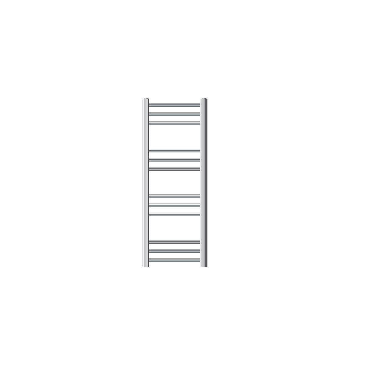 Handdoekradiator met zes horizontale buizen in chroomkleur.