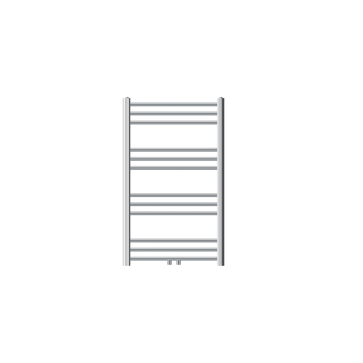 Middelgrote radiator van chroom met vijf horizontale buizen.