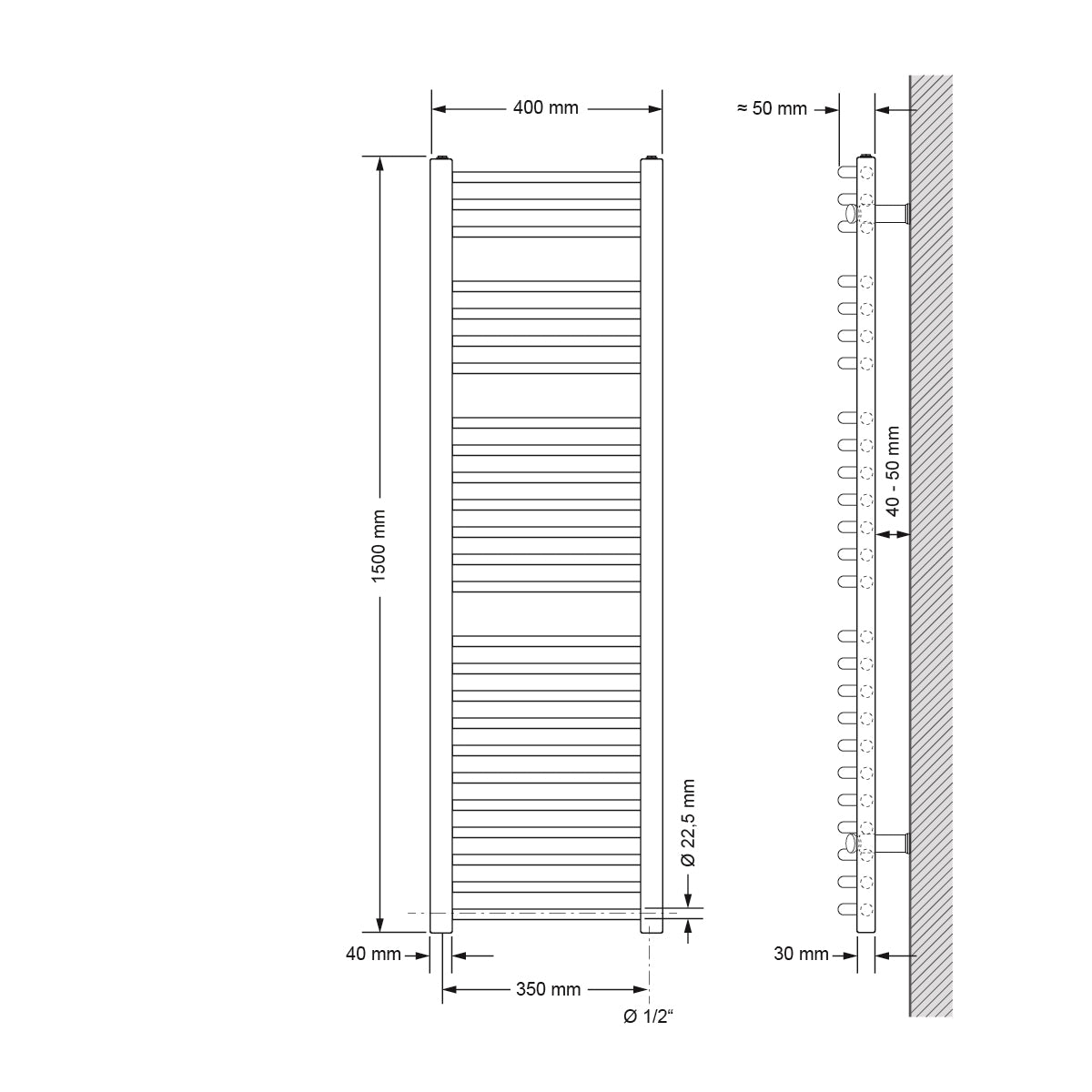 Hoher, gebogener Heizkörper mit sieben horizontalen Röhren.