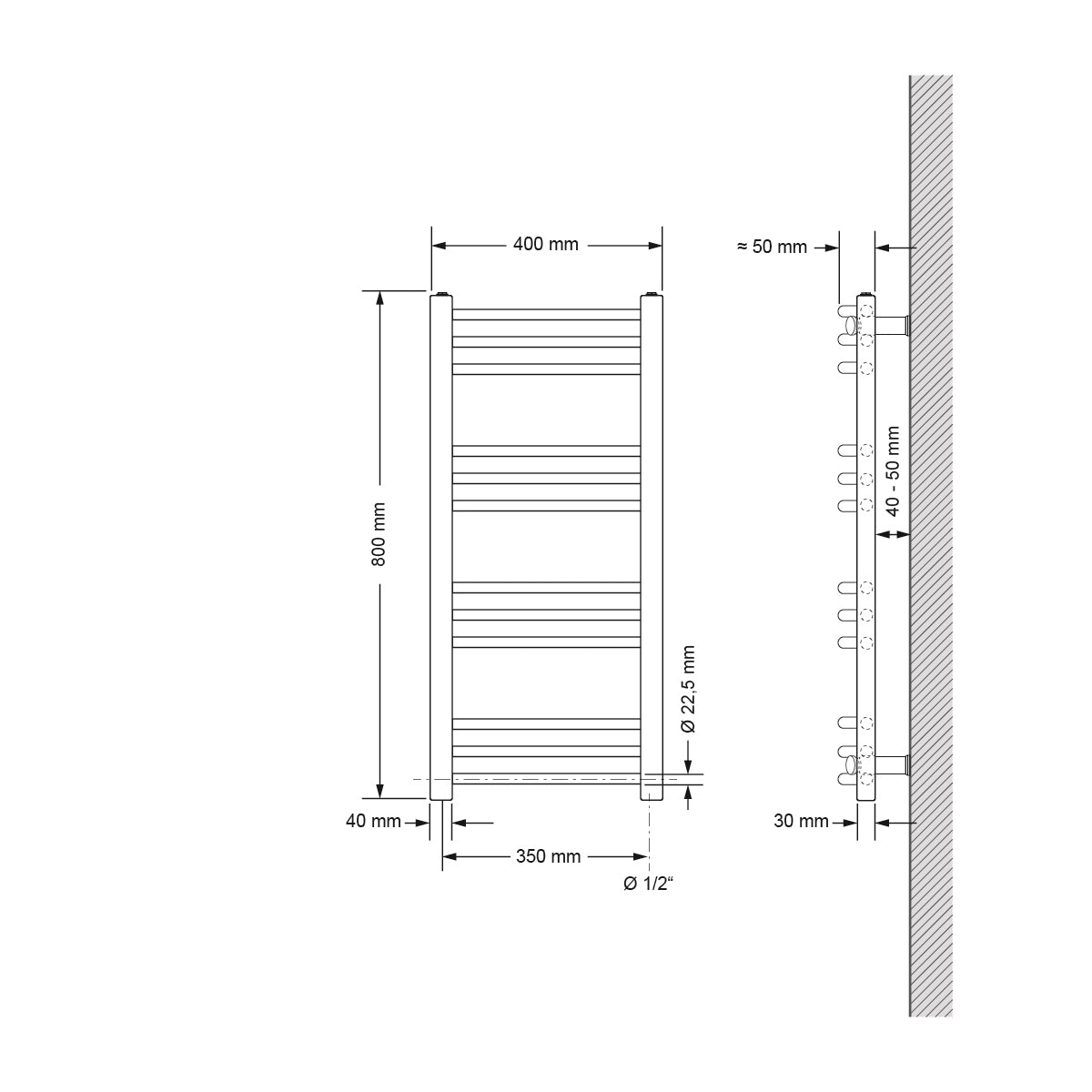 Curved radiator with a width of 40 cm and a height of 80 cm.