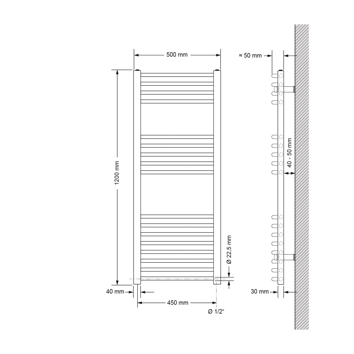 Tekninen piirustus kaarevasta lämpöpatterista mittoineen.