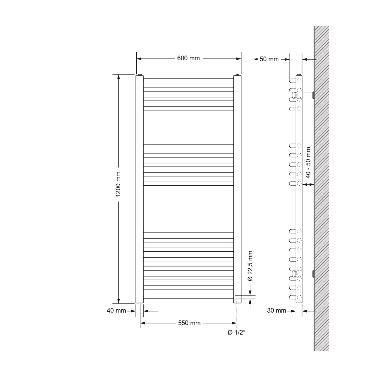 Gebogener Handtuchwärmer mit mehreren horizontalen Riegeln.