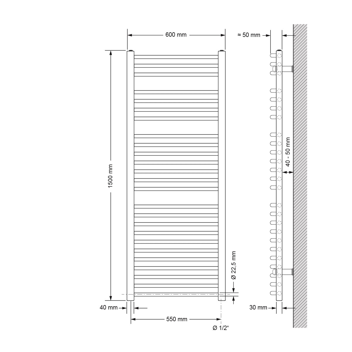 Gebogener Heizkörper mit 60 cm Breite und 150 cm Höhe.