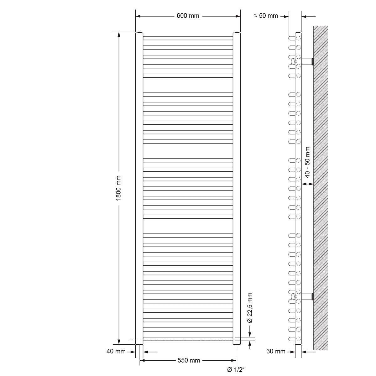 Műszaki rajz egy hajlított radiátorról méretekkel.