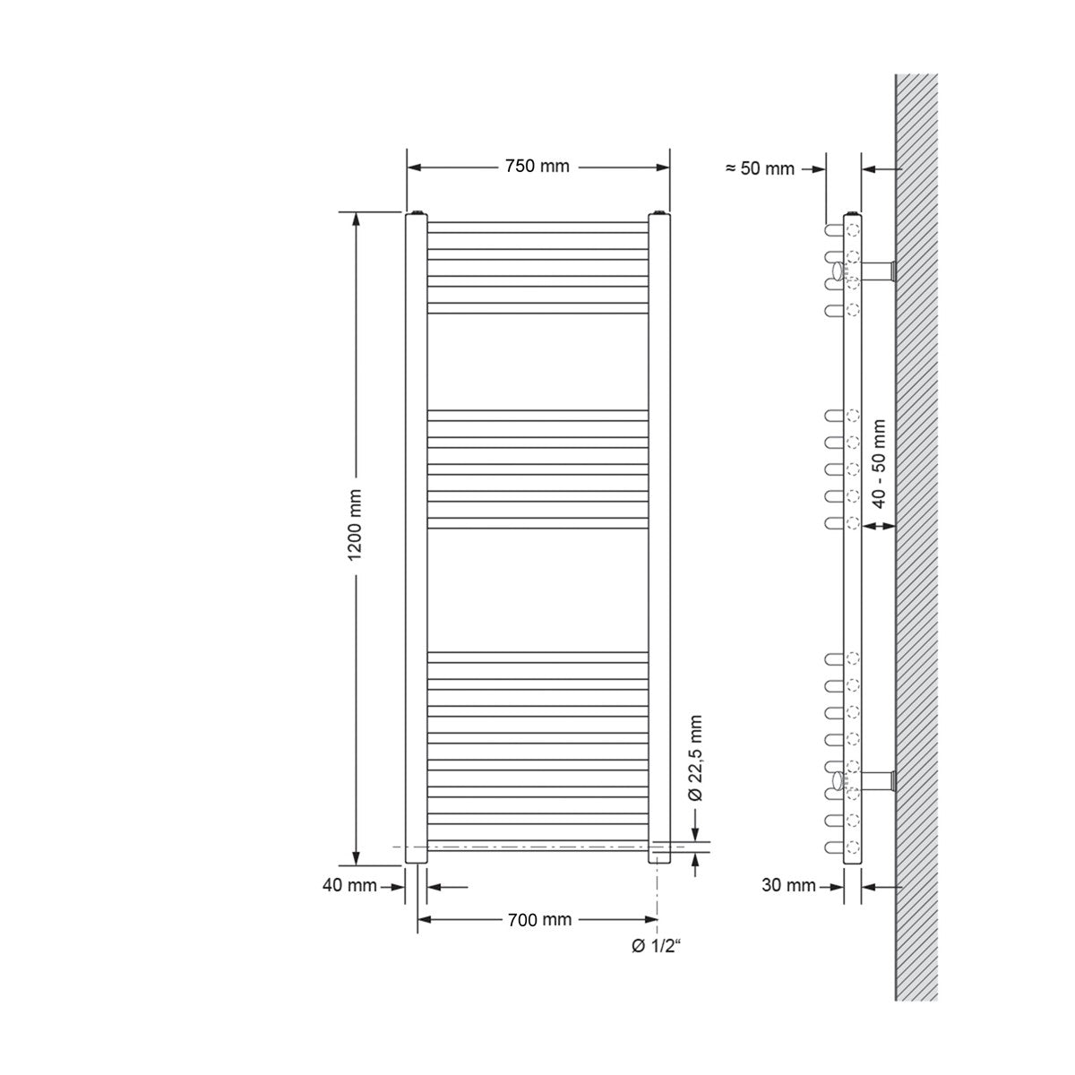 Gebogen radiator van 75 cm breed en 120 cm hoog, met verticale lamellen.
