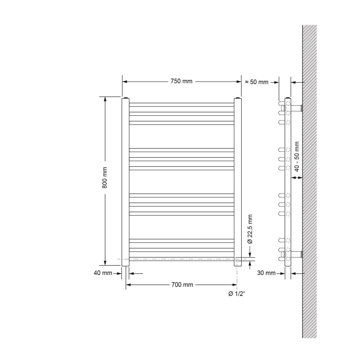 Görbült radiátor 75 cm szélességgel és 80 cm magassággal.