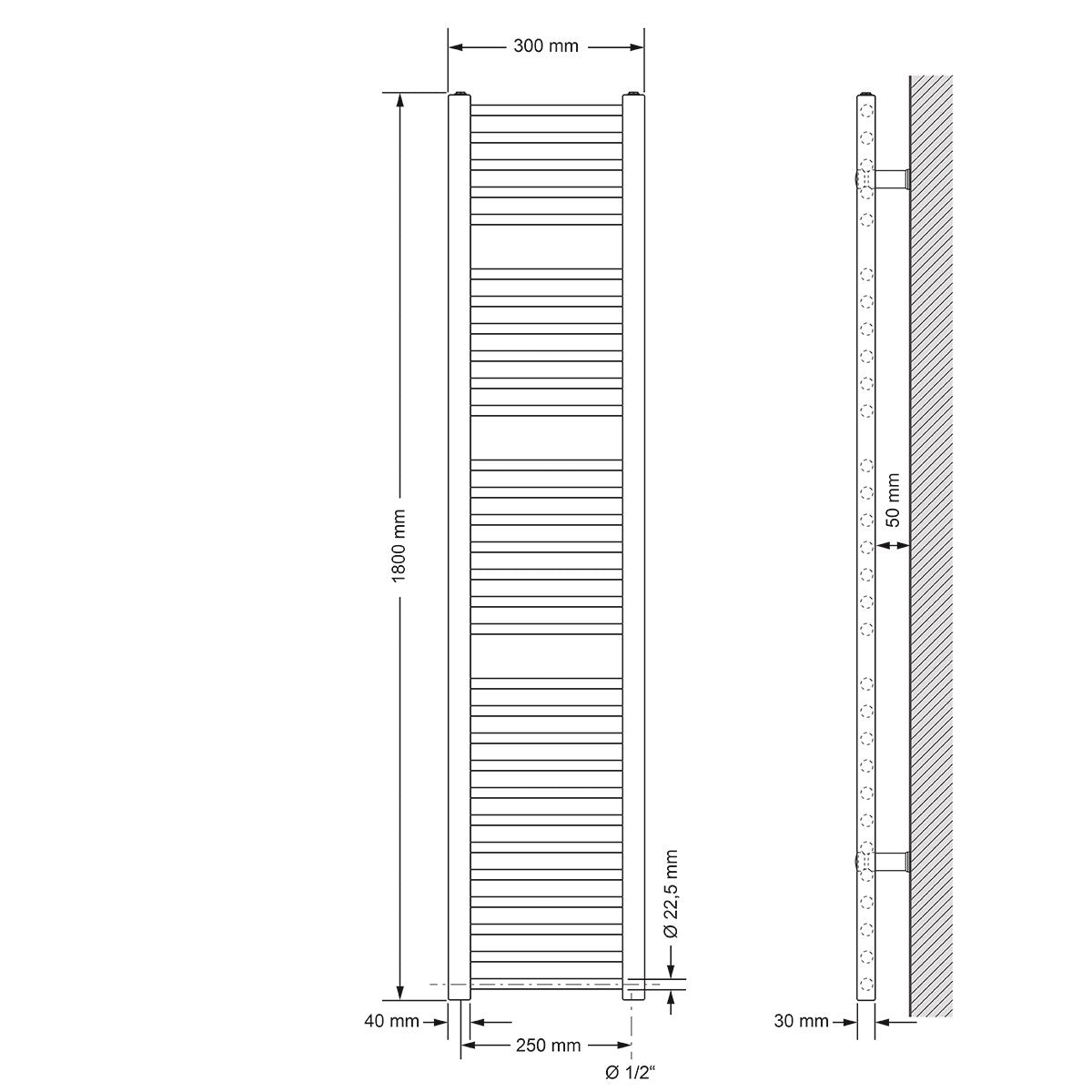 Technical drawing of a towel radiator with measurements.