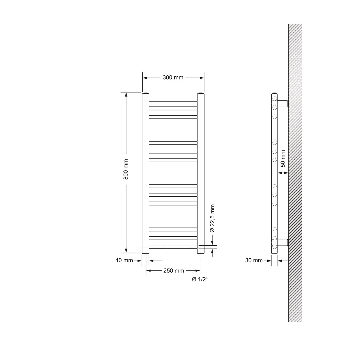 Rovný radiátor o šířce 30 cm a výšce 80 cm, vertikální lamely.