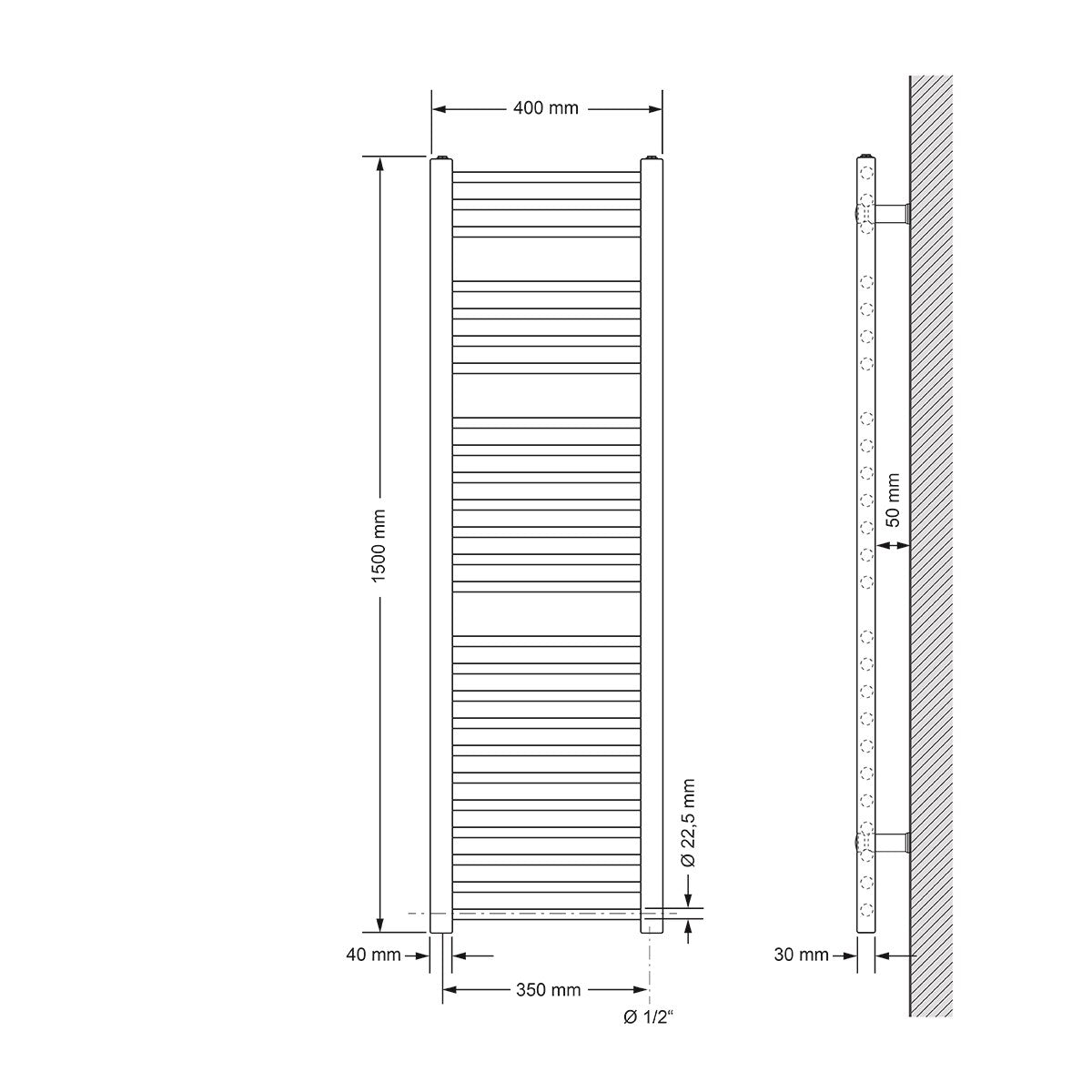 Gerader Heizkörper mit 40 cm Breite und 150 cm Höhe.