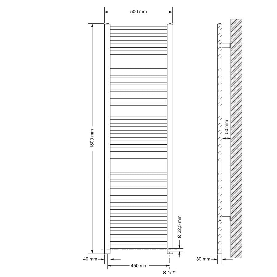 Rovný radiátor s šířkou 50 cm a výškou 180 cm.