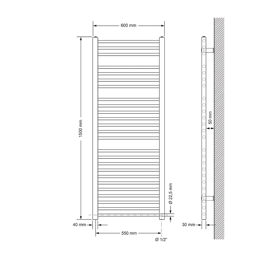 Gerader Heizkörper mit 60 cm Breite und 150 cm Höhe, vertikale Lamellen.