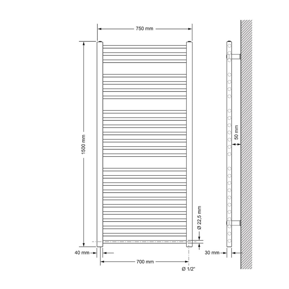 Technical drawing of a towel radiator with measurements.