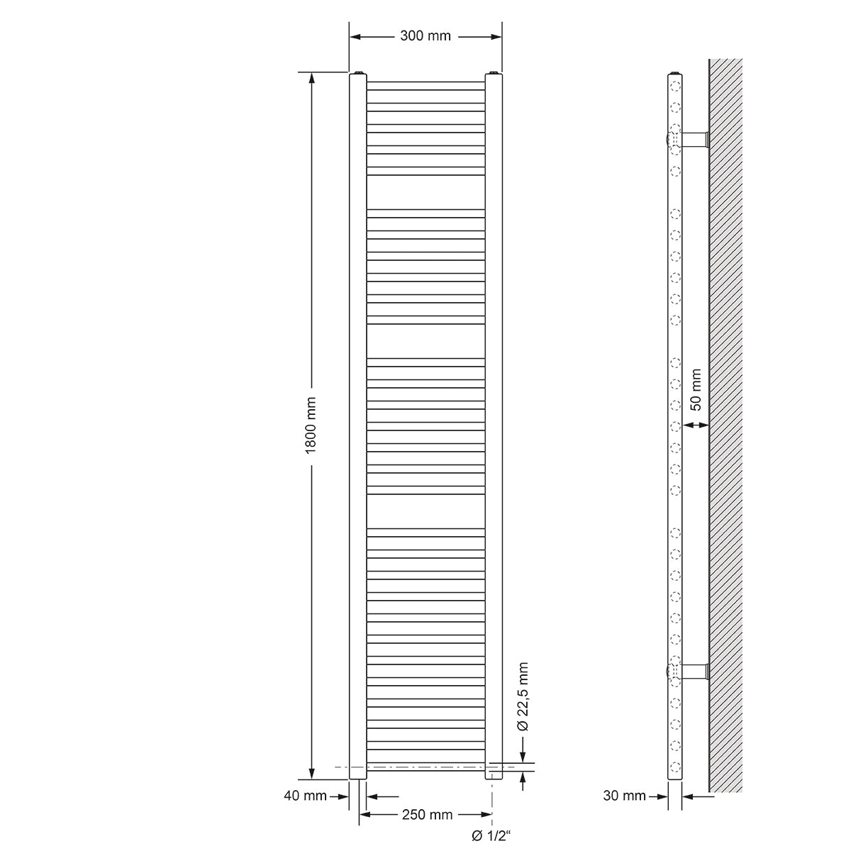 Technical drawing of a straight heating body with dimensions.