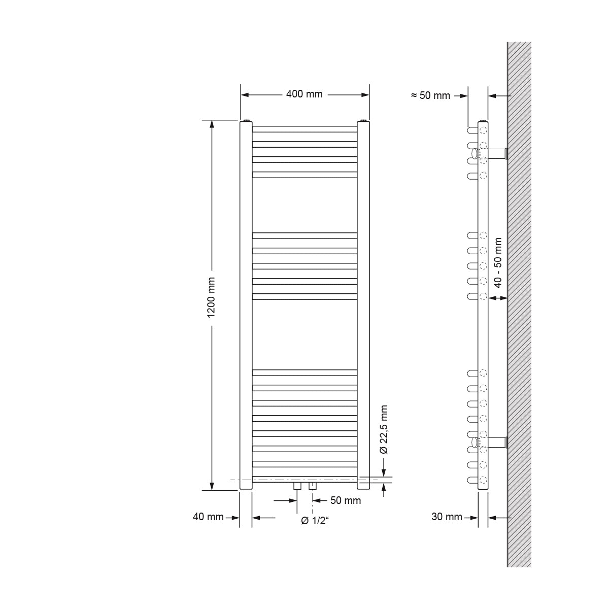Technische Zeichnung eines Heizkörpers mit Maßen 400 mm x 1200 mm.