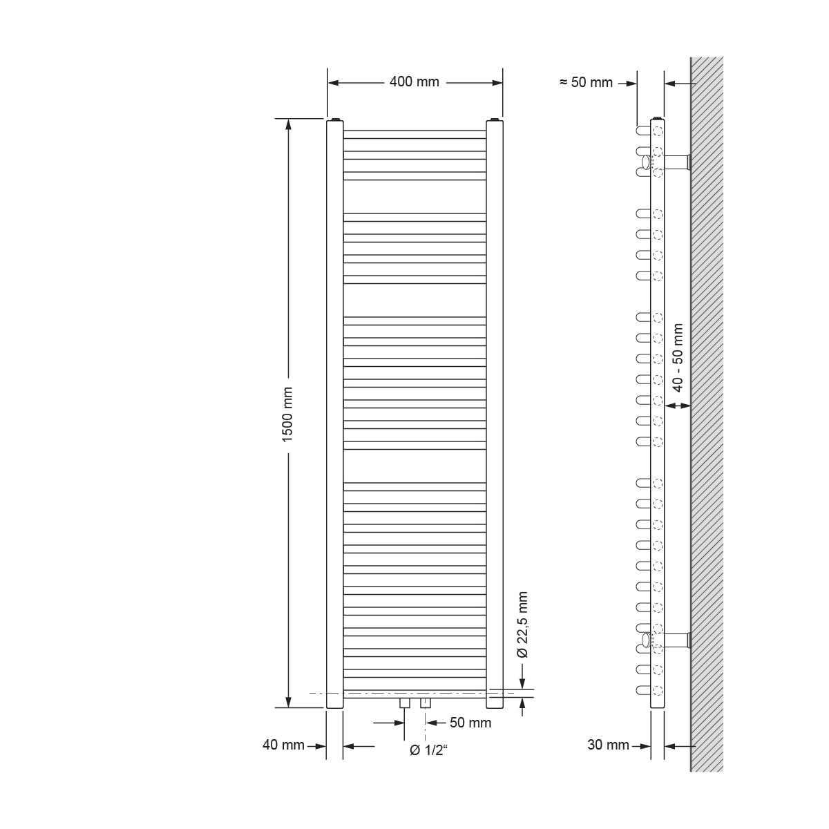 Tekninen piirustus kaarevasta lämpöpatterista, mitat 400x1500 mm.