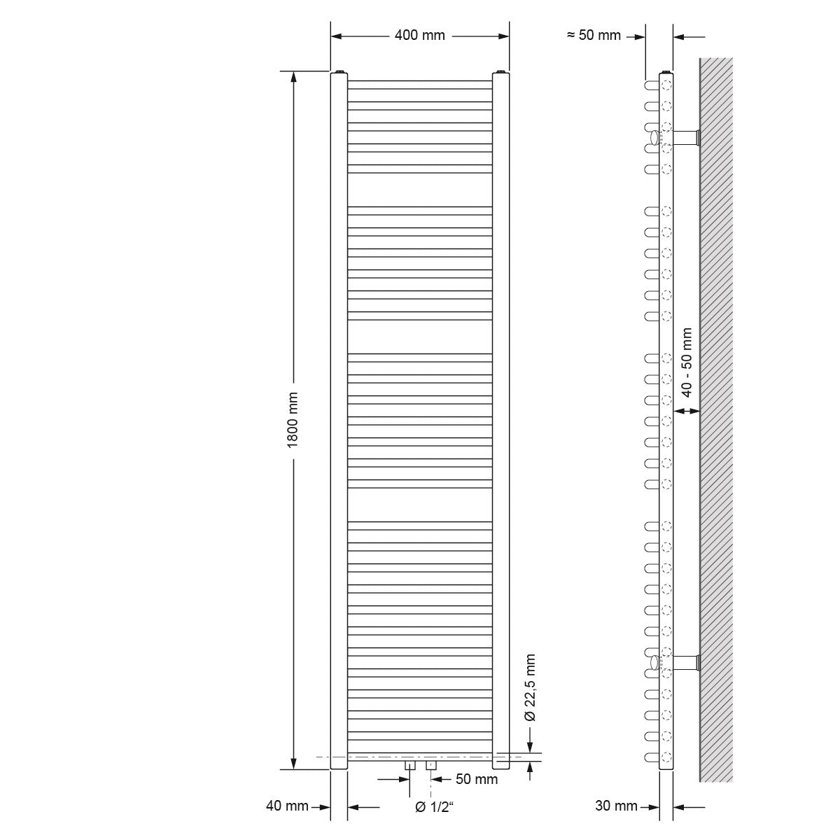 Ívelt radiátor műszaki rajza, méretei: 40 × 180 cm.