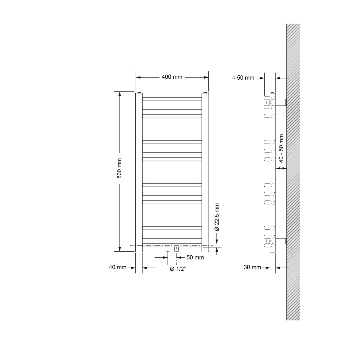 Technische Zeichnung eines gebogenen Heizkörpers, Maße 400x800 mm.