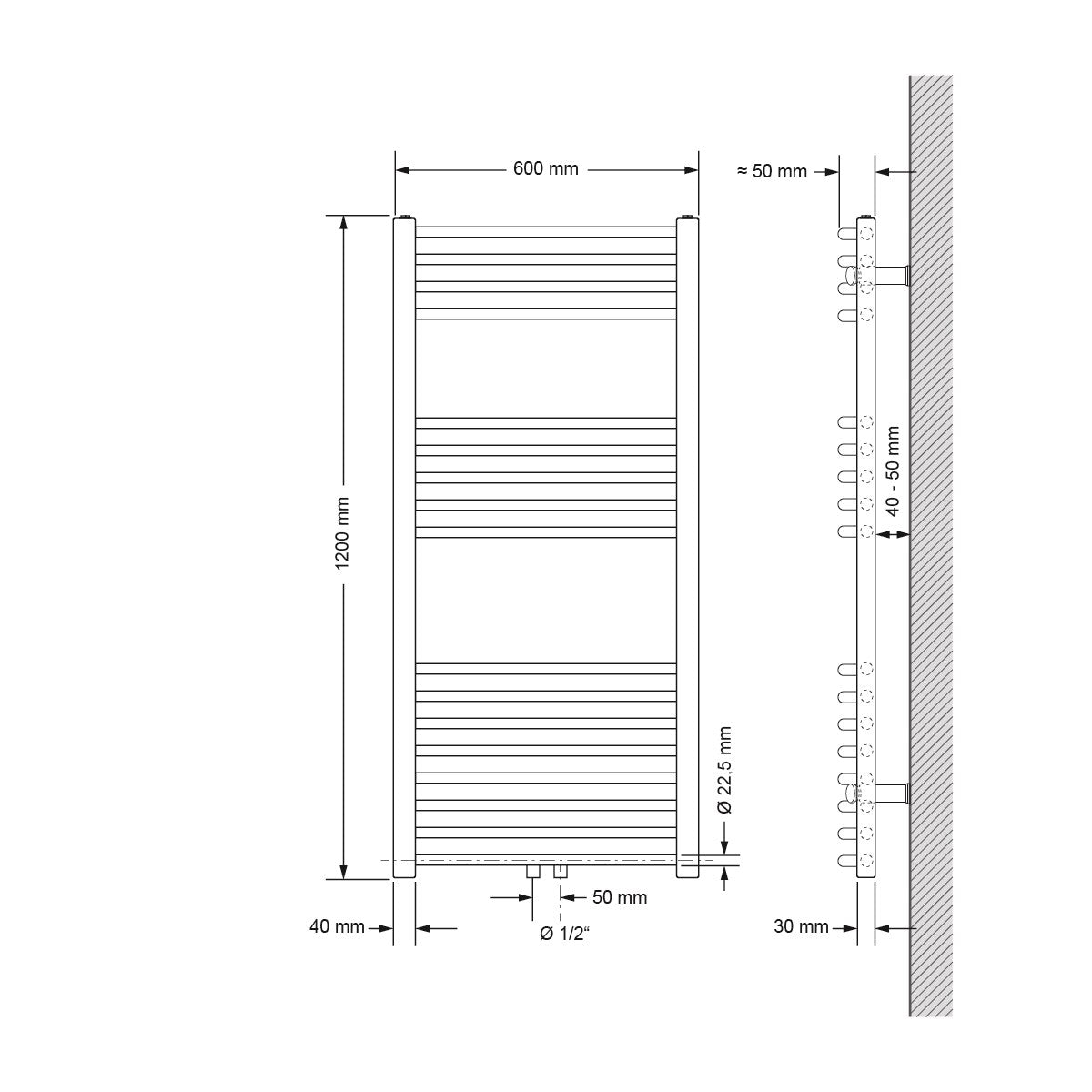 Technische Zeichnung eines gebogenen Heizkörpers, Maße 600x1200 mm.