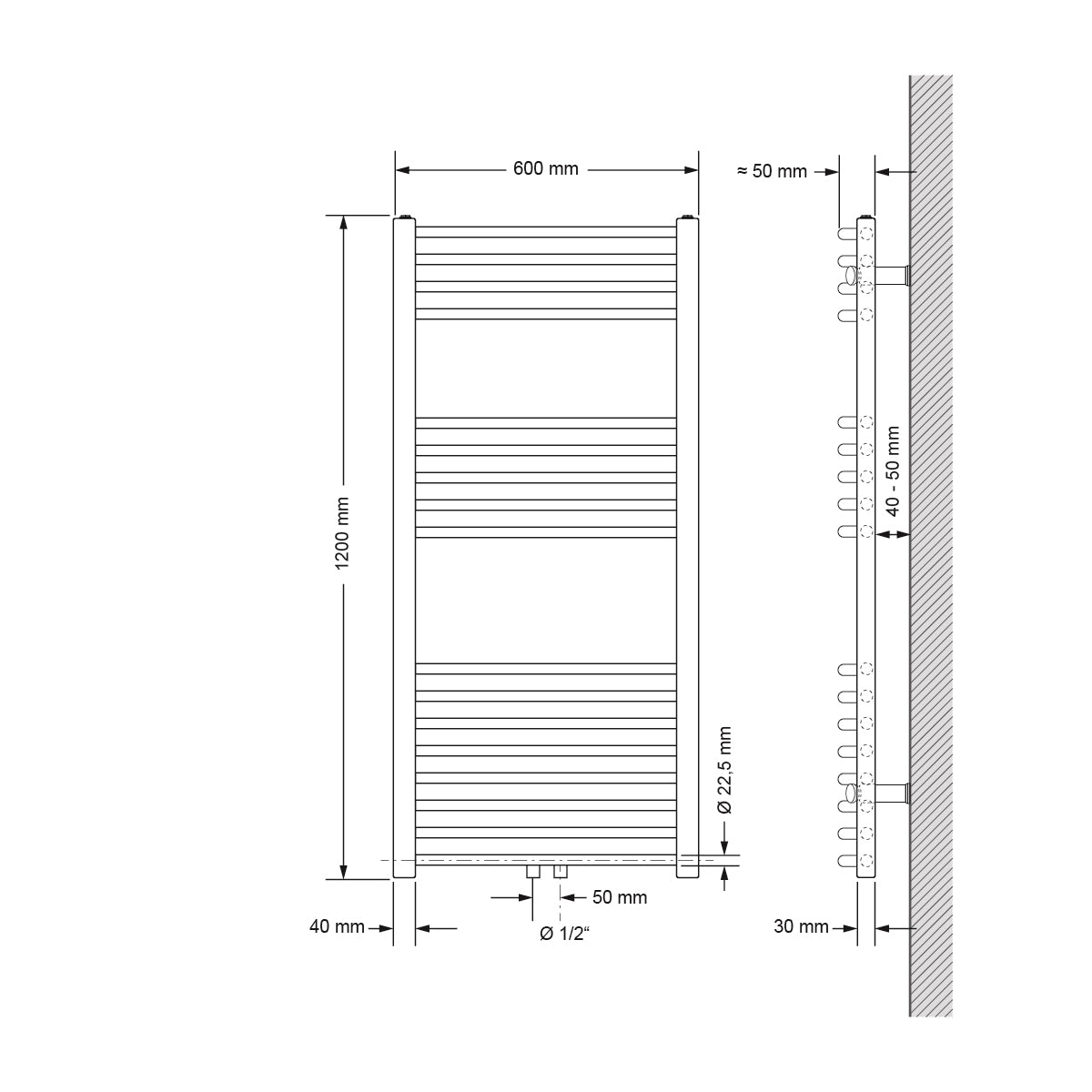 Technische Zeichnung eines gebogenen Heizkörpers, Maße 600x1200 mm.