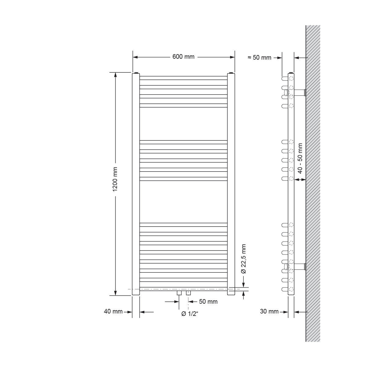 Technický výkres zakřiveného radiátoru, rozměry 600 mm x 1200 mm.