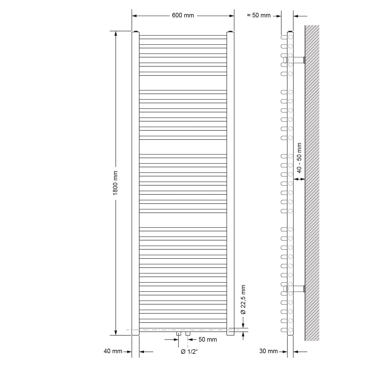 Technische Zeichnung eines gebogenen Heizkörpers, 600 mm breit und 1800 mm hoch.