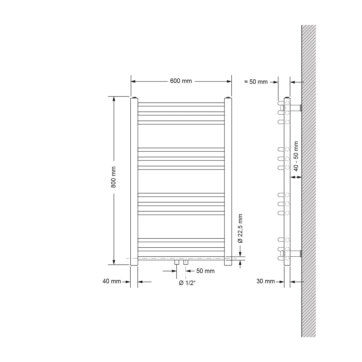 Technical drawing of a curved radiator, dimensions 600x800 mm.