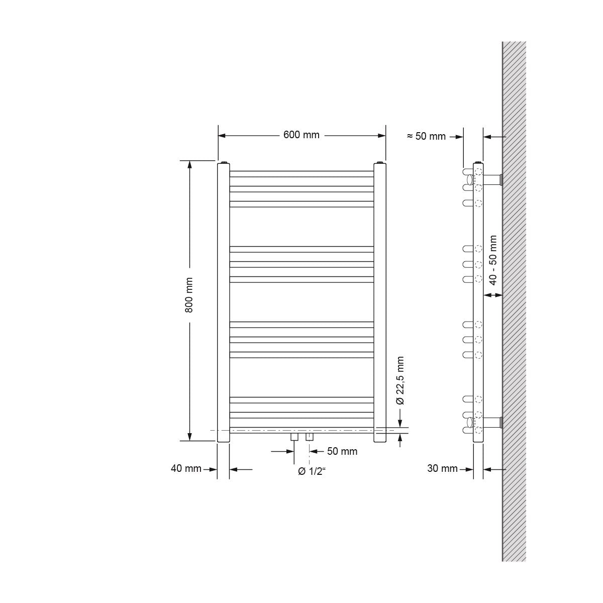 Dibujo técnico de un radiador curvo, dimensiones 600 × 800 mm.