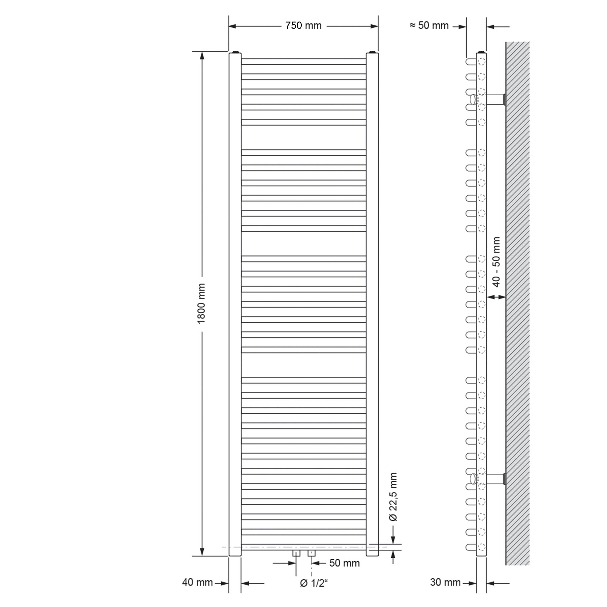 Technical drawing of a curved radiator, 750 mm wide and 1800 mm high.