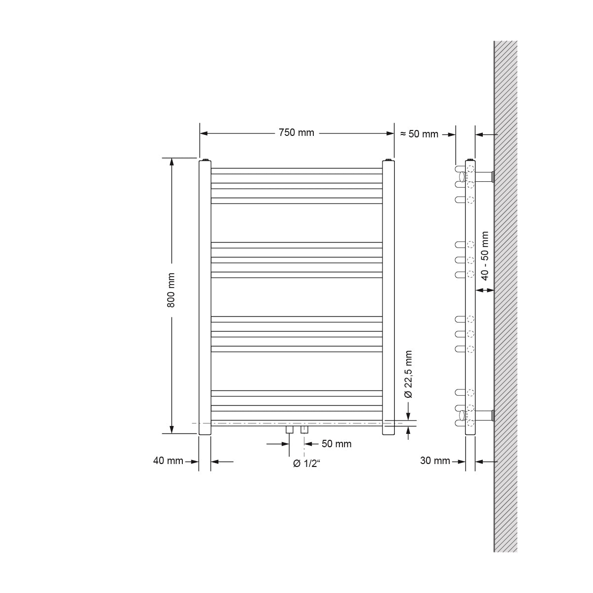 Technische Zeichnung eines gebogenen Heizkörpers, Maße 750 mm x 800 mm.