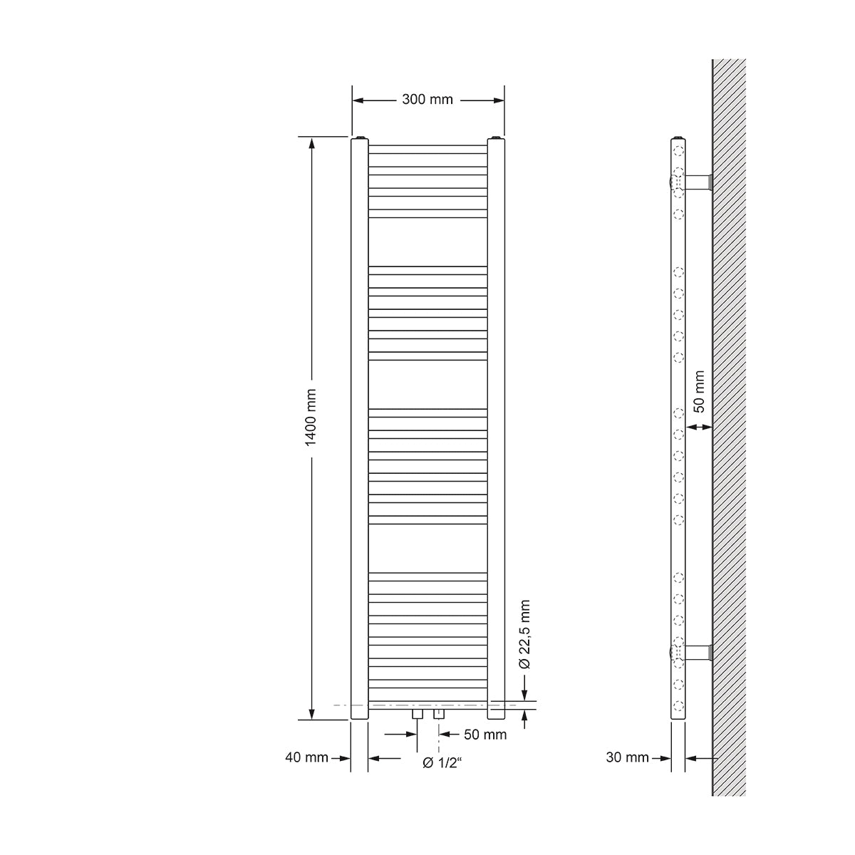 Technische Zeichnung eines Heizkörpers, Maße 300 mm x 1400 mm.