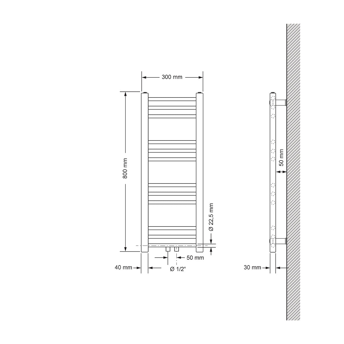 Technische Zeichnung eines geraden Heizkörpers, Maße 300 mm x 800 mm.