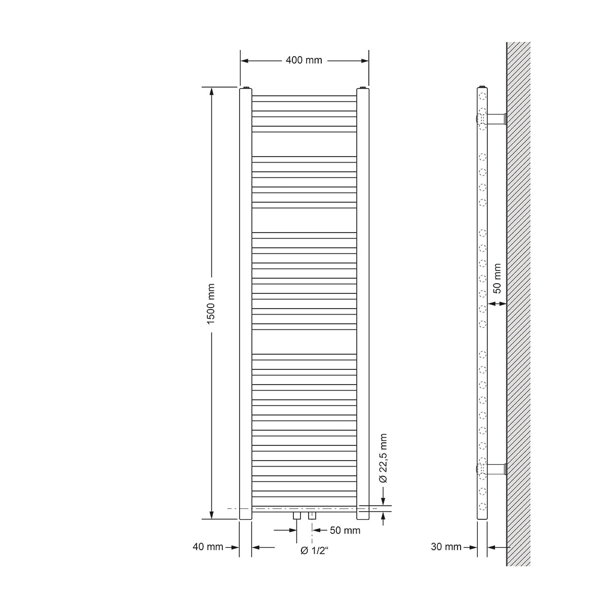 Technische Zeichnung eines Heizkörpers, Maße 400 mm x 1500 mm.
