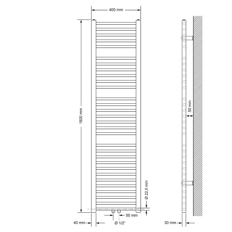 Technische Zeichnung eines Heizkörpers, Maße 400 mm x 1800 mm.
