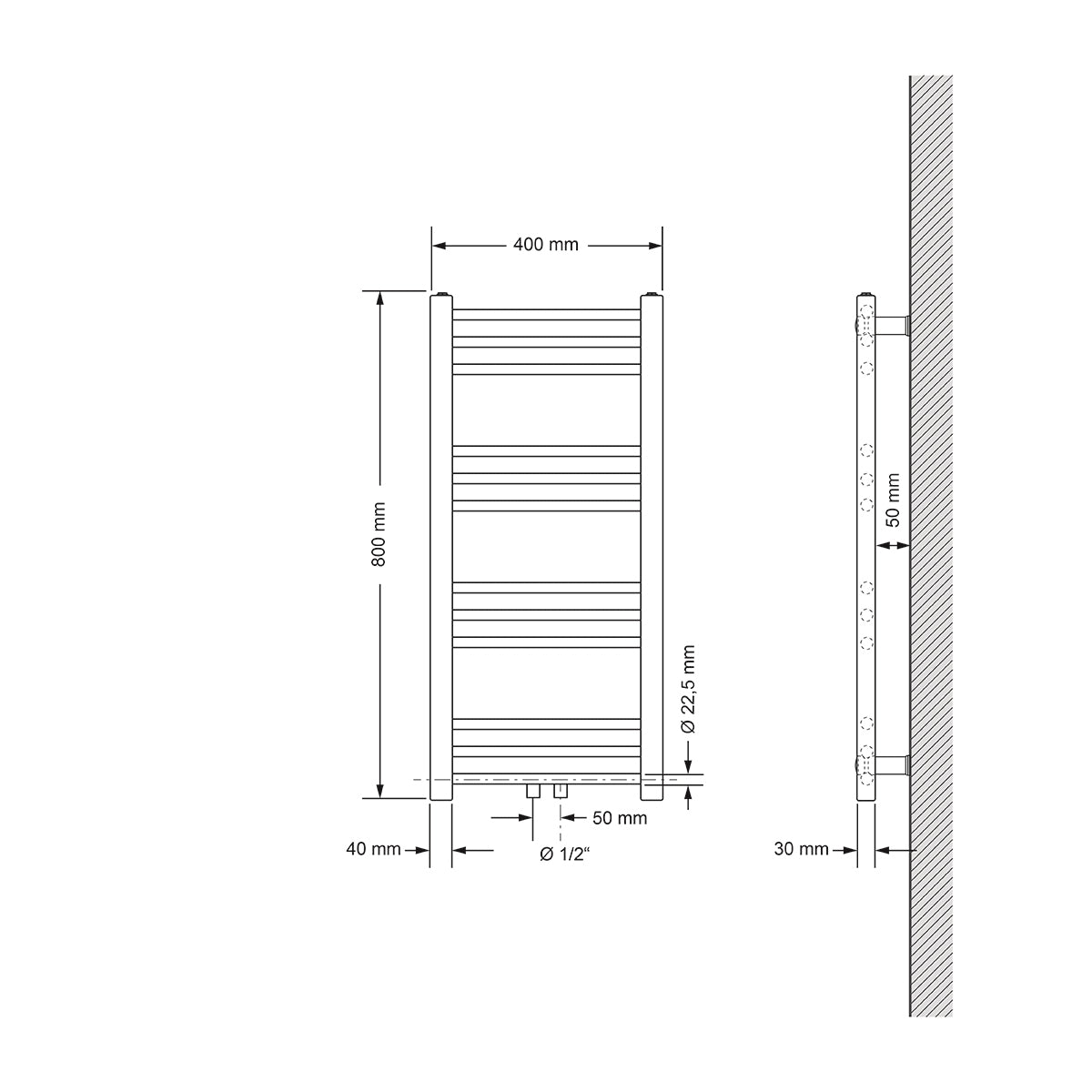 Technische Zeichnung eines Heizkörpers, Maße 400 mm x 800 mm.
