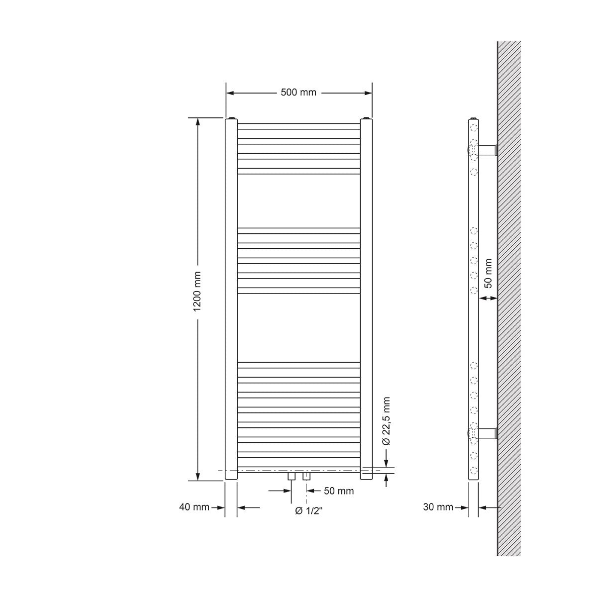 Desenho técnico de um radiador, com 500 mm de largura e 1200 mm de altura.