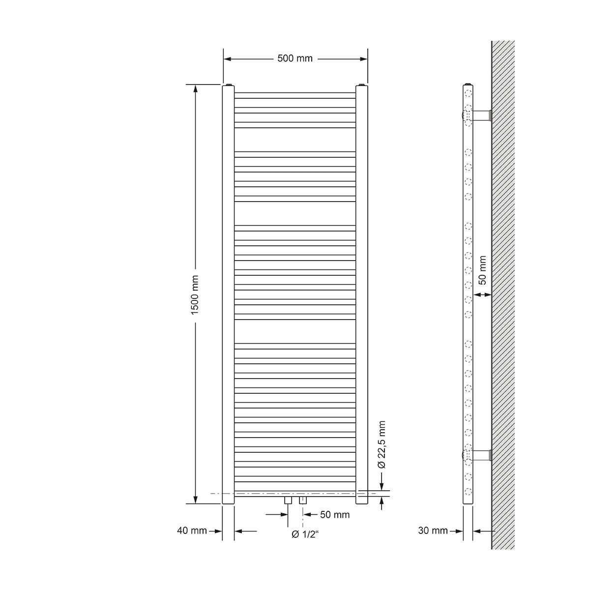 Technische Zeichnung eines Heizkörpers, Maße 500 mm x 1500 mm.