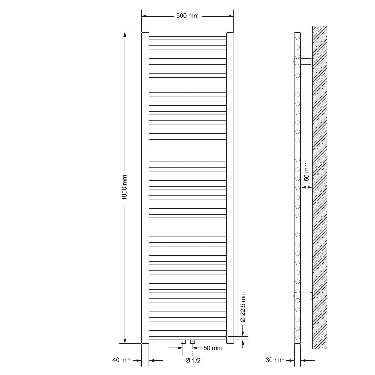 Disegno tecnico di uno scaldasalviette diritto con dimensioni.