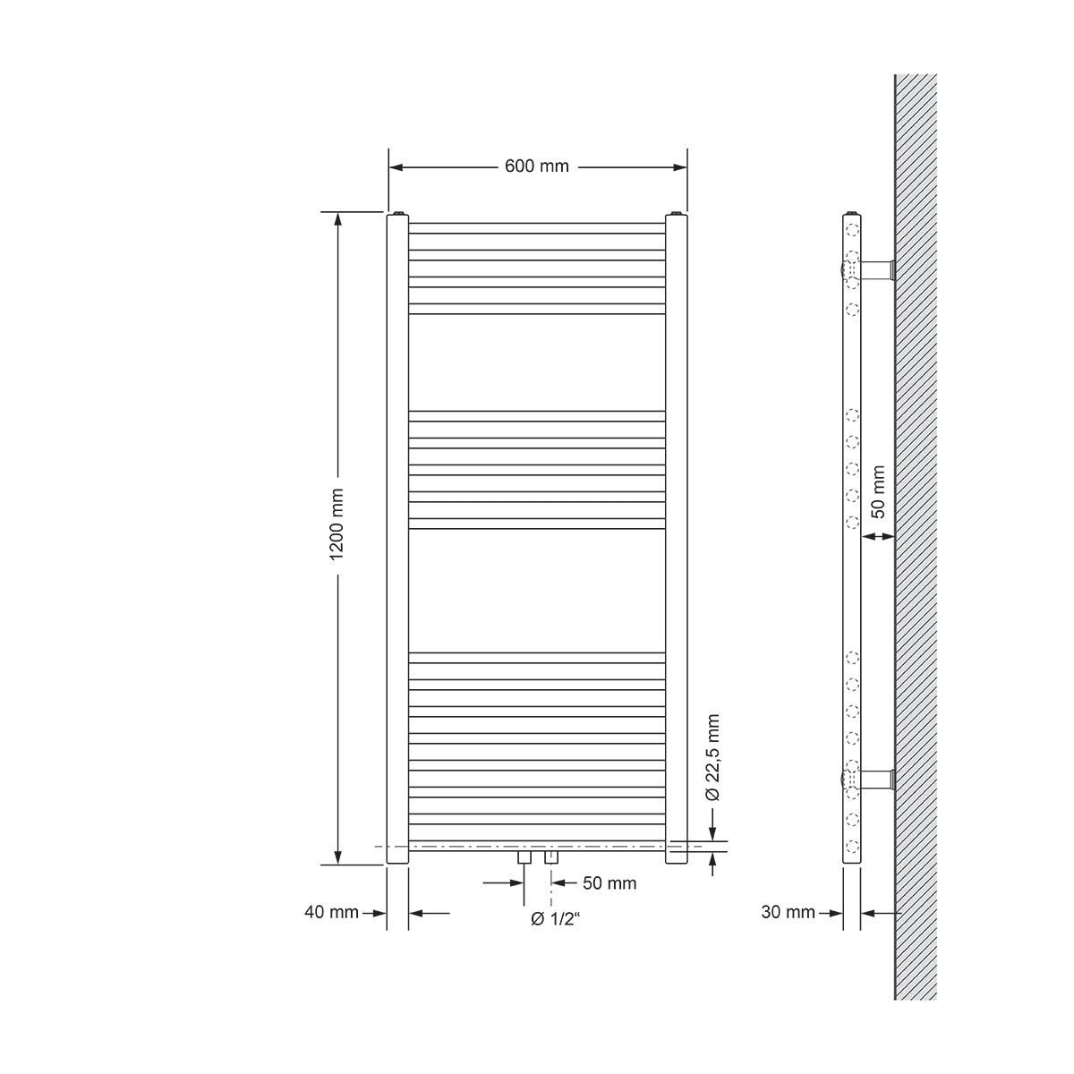 Technikai rajz egy radiátorról, méretek 600 mm x 1200 mm.
