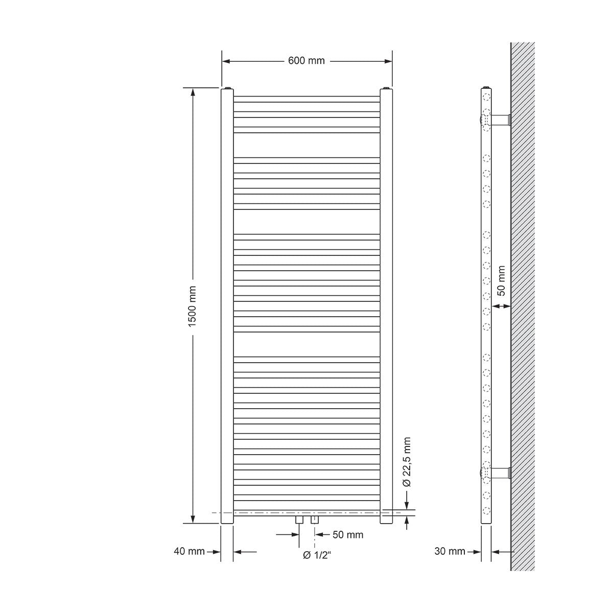 Teknisk tegning af en radiator, set fra siden, 60 × 150 cm.