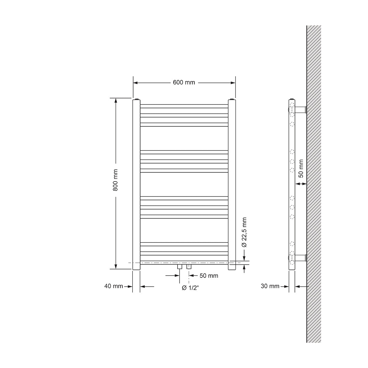 Technische Zeichnung eines Heizkörpers, Maße 600 mm x 800 mm.