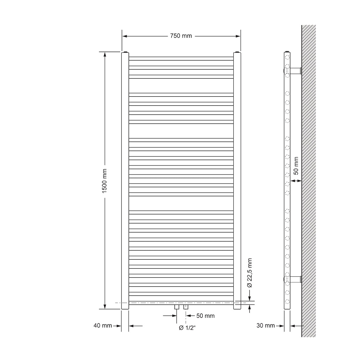 Technische Zeichnung eines Heizkörpers, Maße 750 mm x 1500 mm.