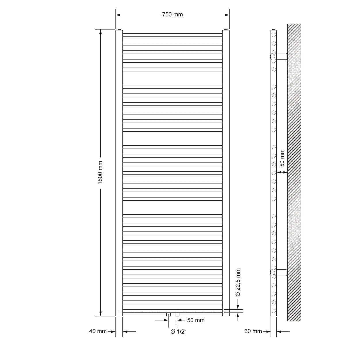 Technische Zeichnung eines Heizkörpers, 750 mm breit und 1800 mm hoch.