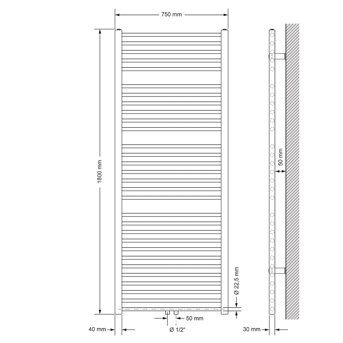 Rysunek techniczny grzejnika o szerokości 750 mm i wysokości 1800 mm.