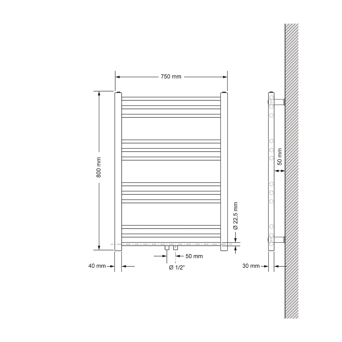 Tekninen piirustus suorasta pyyhekuivaimesta mittoineen.