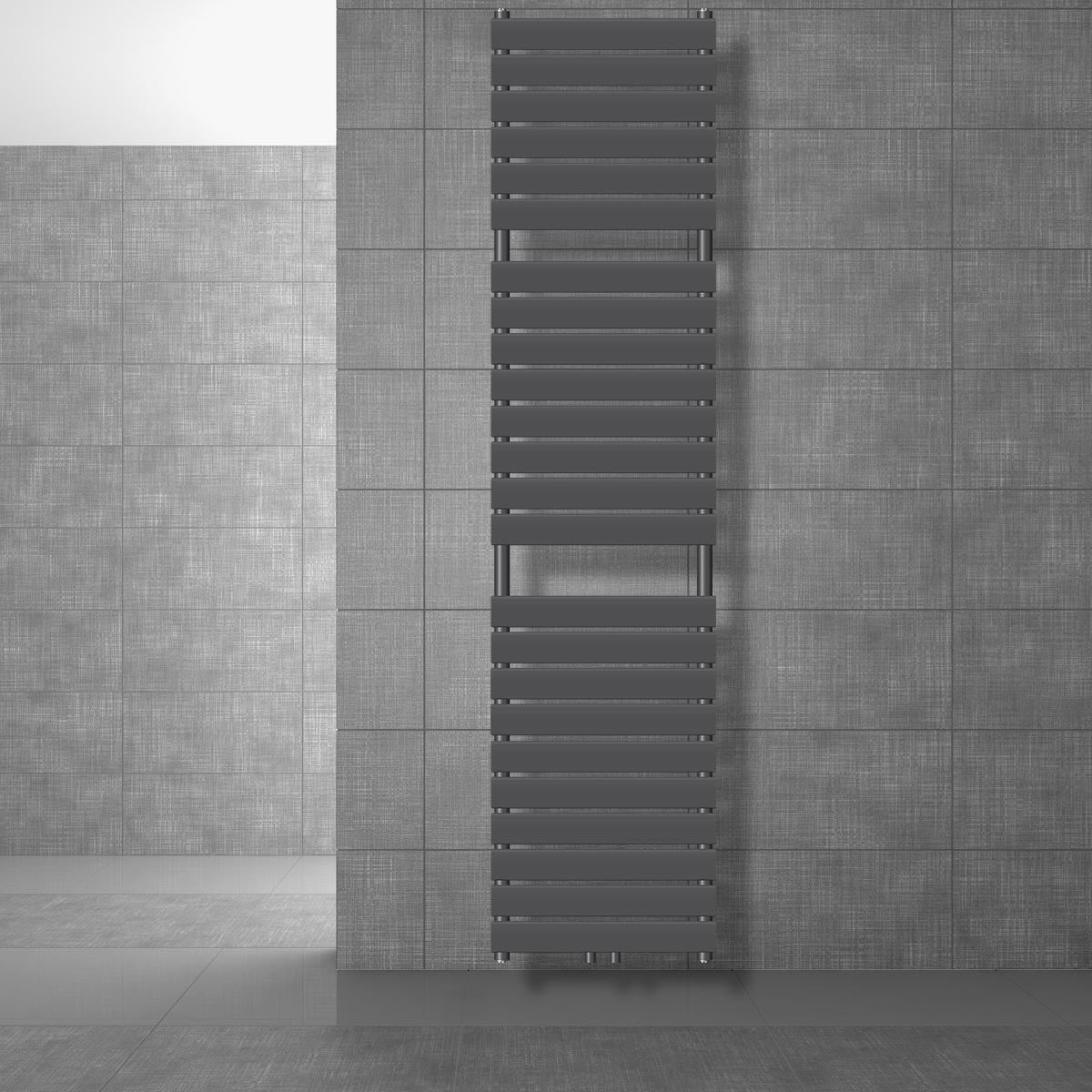 Tall anthracite-coloured radiator on a grey wall.