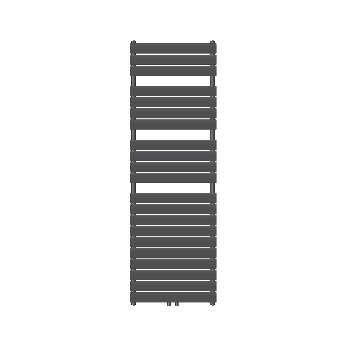 Antracietkleurige handdoekradiator met horizontale lamellen.